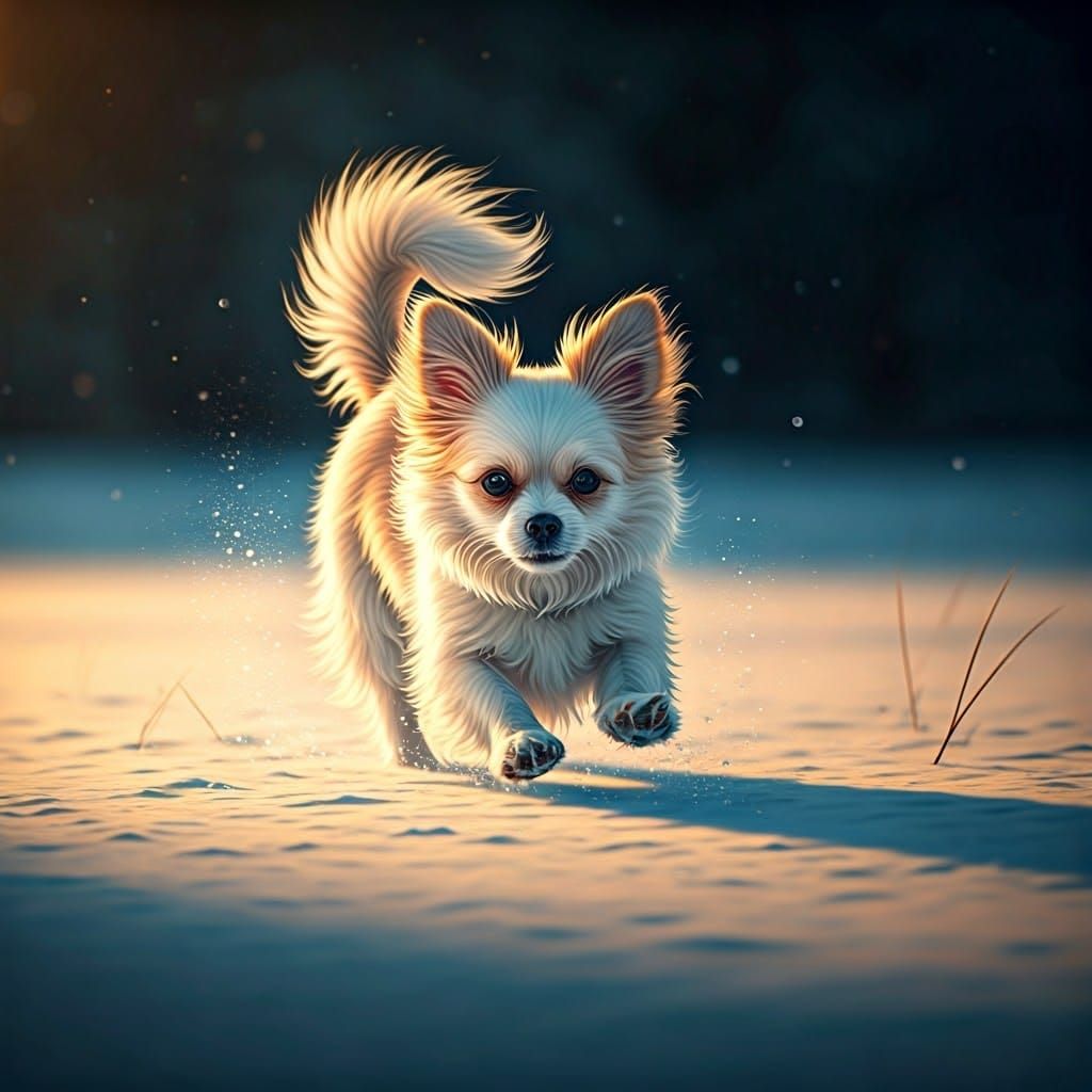 Whimsical Snowy Dog Makes Elegant Bow in Winter Wonderland