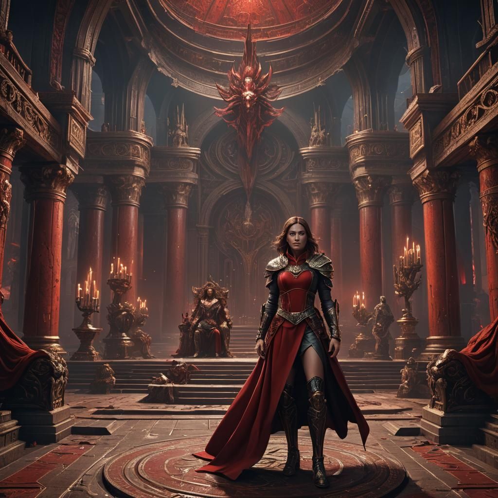 Woman in Red Dress on Ares Throne: Detailed Matte Painting