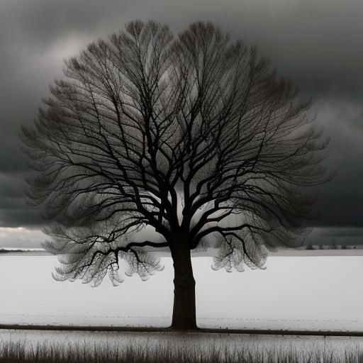 Tree Silhouette Against Gray Sky with Light