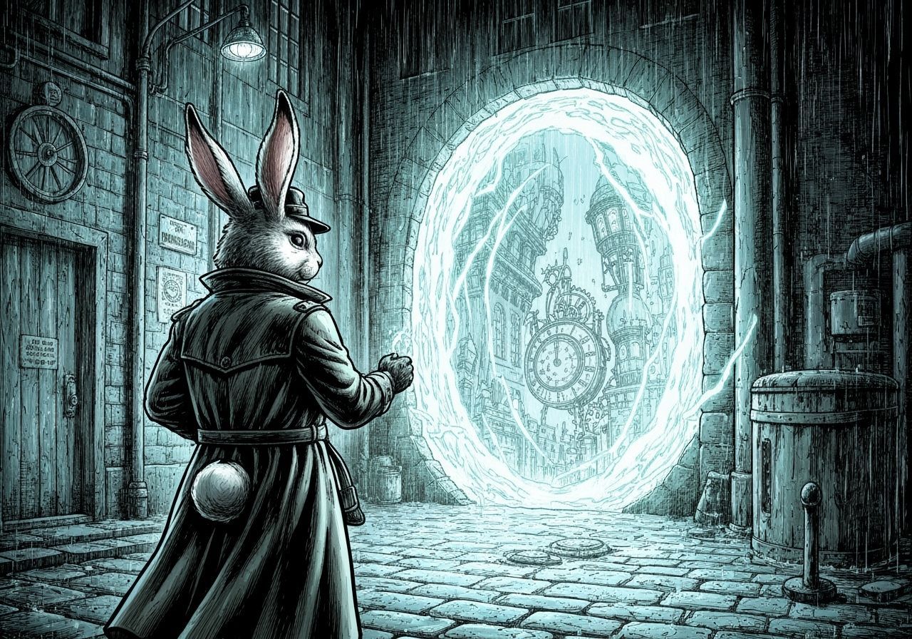Rabbit Detective and Clockwork Portal: Noir Illustration