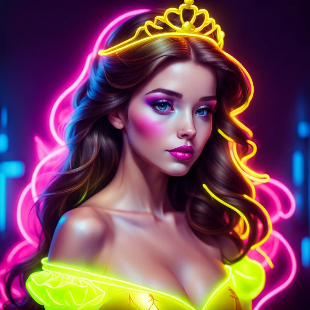 Princess Belle Portrait in Neon Vaporwave Style
