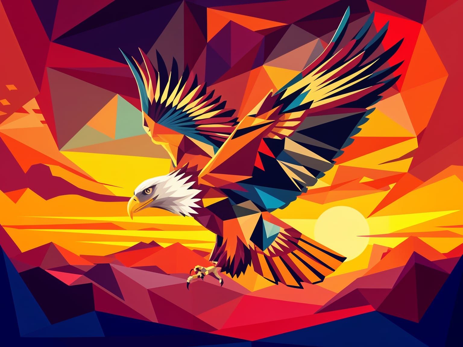 Ethereal Eagle in Cubist Sunset