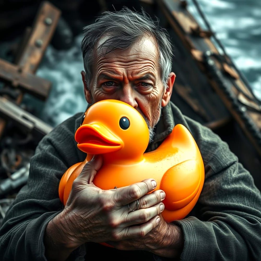 Man Holds Tight to Trusty Rubber Duck Amidst Shipwreck Chaos
