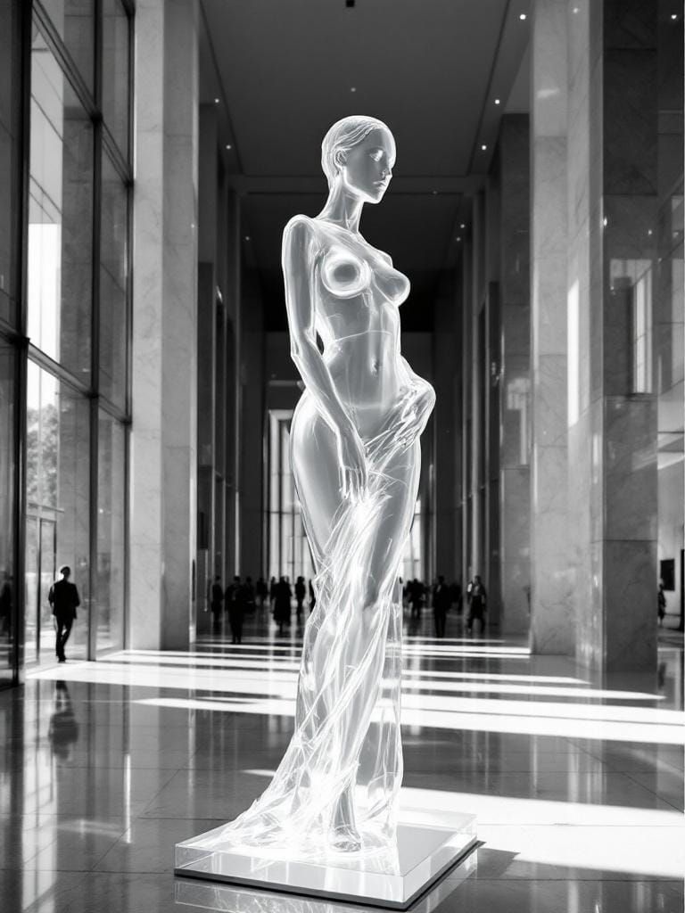 Glass Woman: Ethereal Sculpture in Museum
