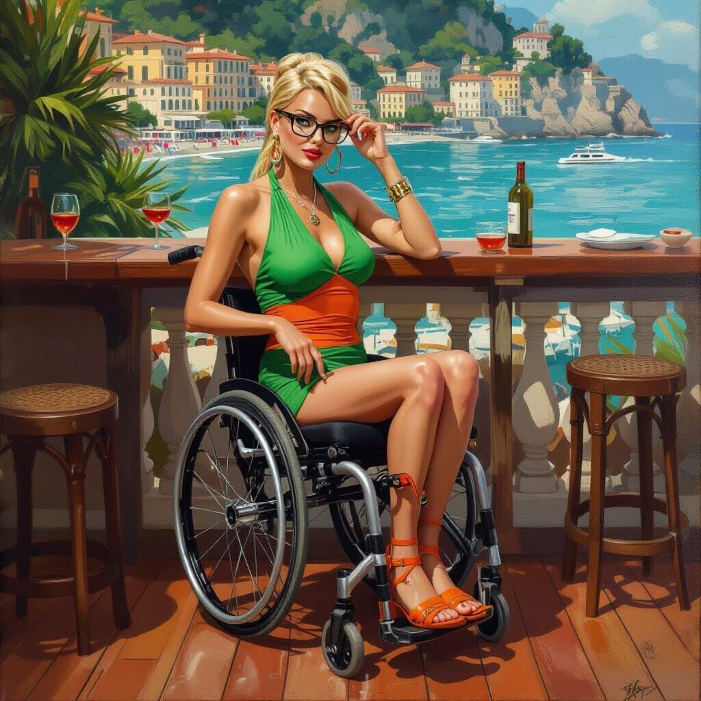 Elegant Woman in Wheelchair on Italian Riviera as Painting