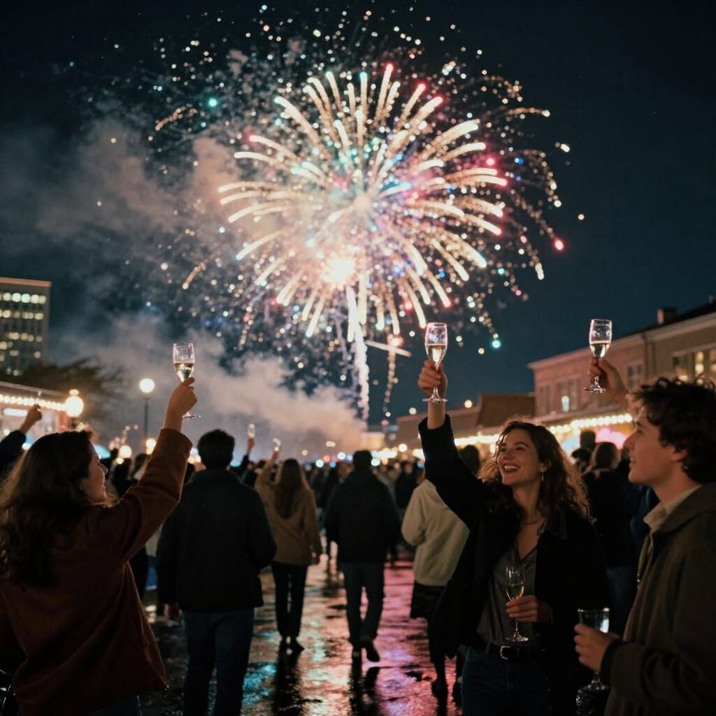 Joyful New Year Fireworks Over Cityscape