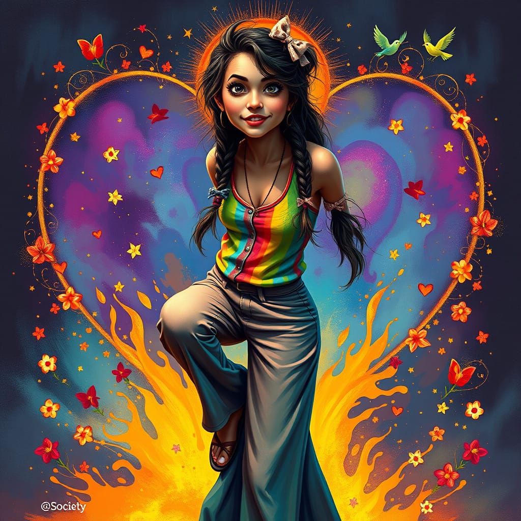 Whimsical Portrait of a 1960s Hippie Woman in a Magical Hear...