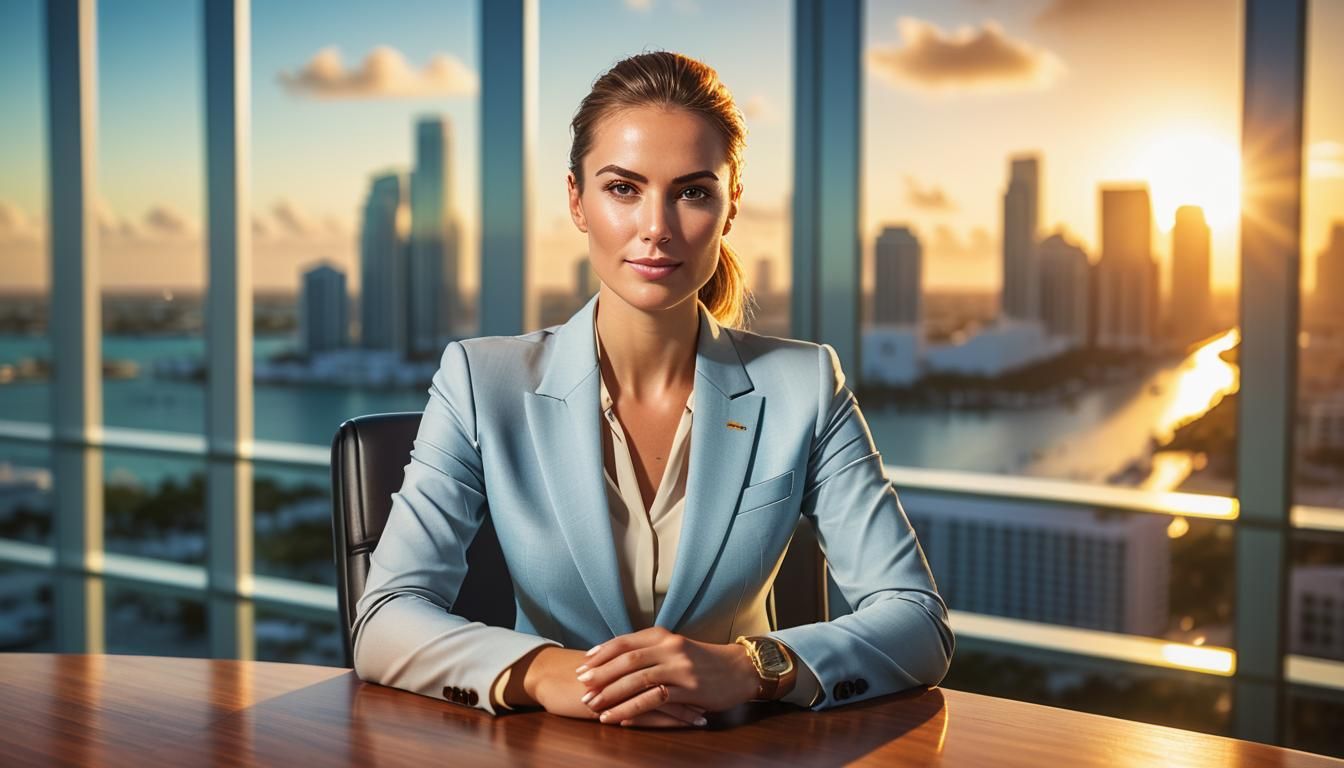 Professional Woman in Modern Office at Sunset