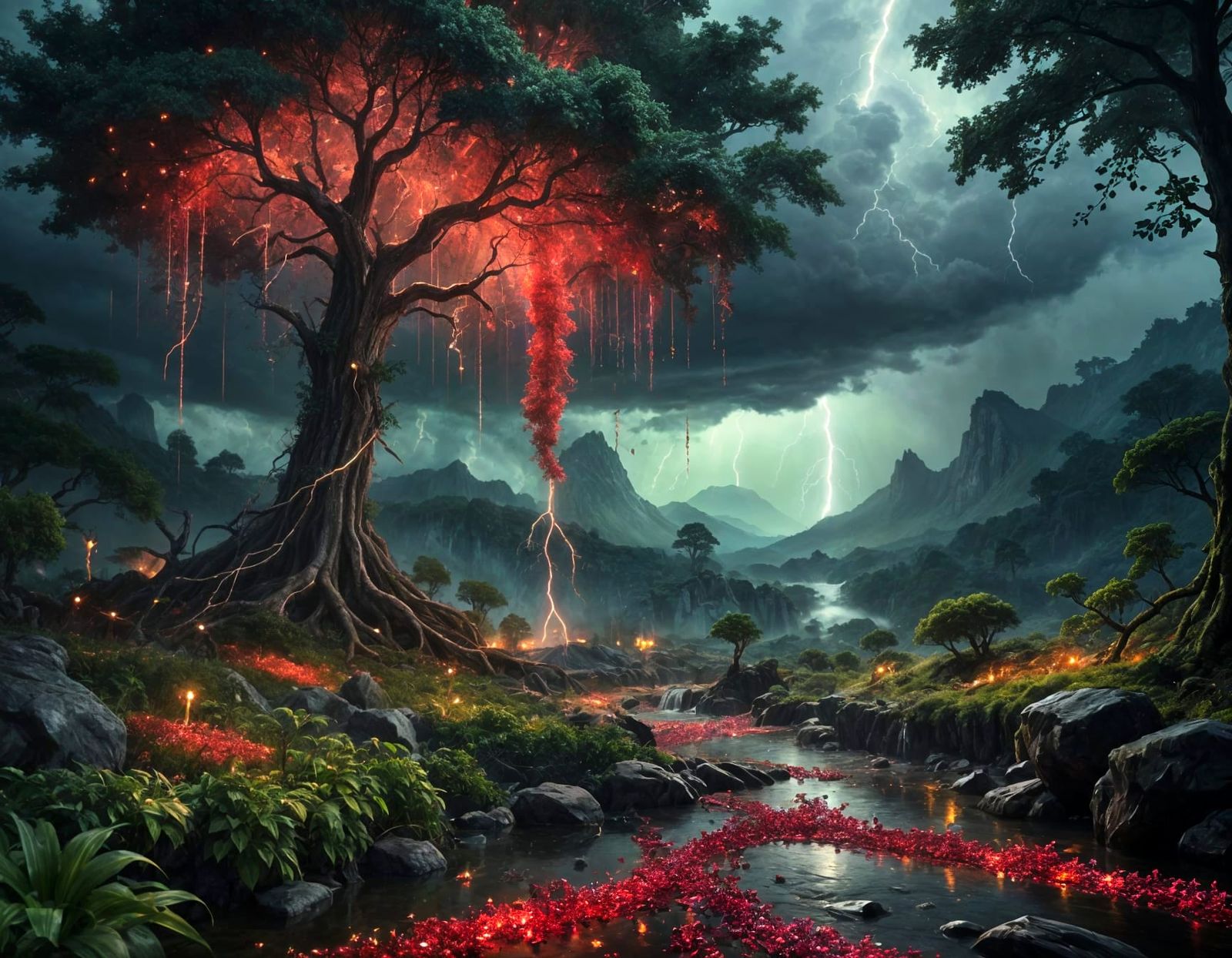 Epic Fantasy Landscape with Ruby Dewdrop Cascade