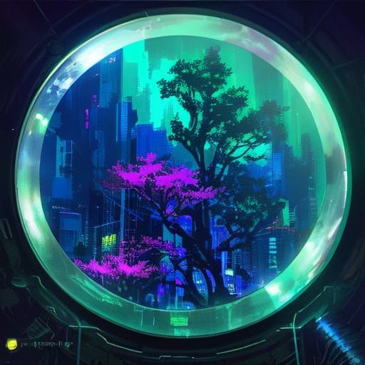 Tree Growing in Cyberpunk Cupola: Anime Concept Art