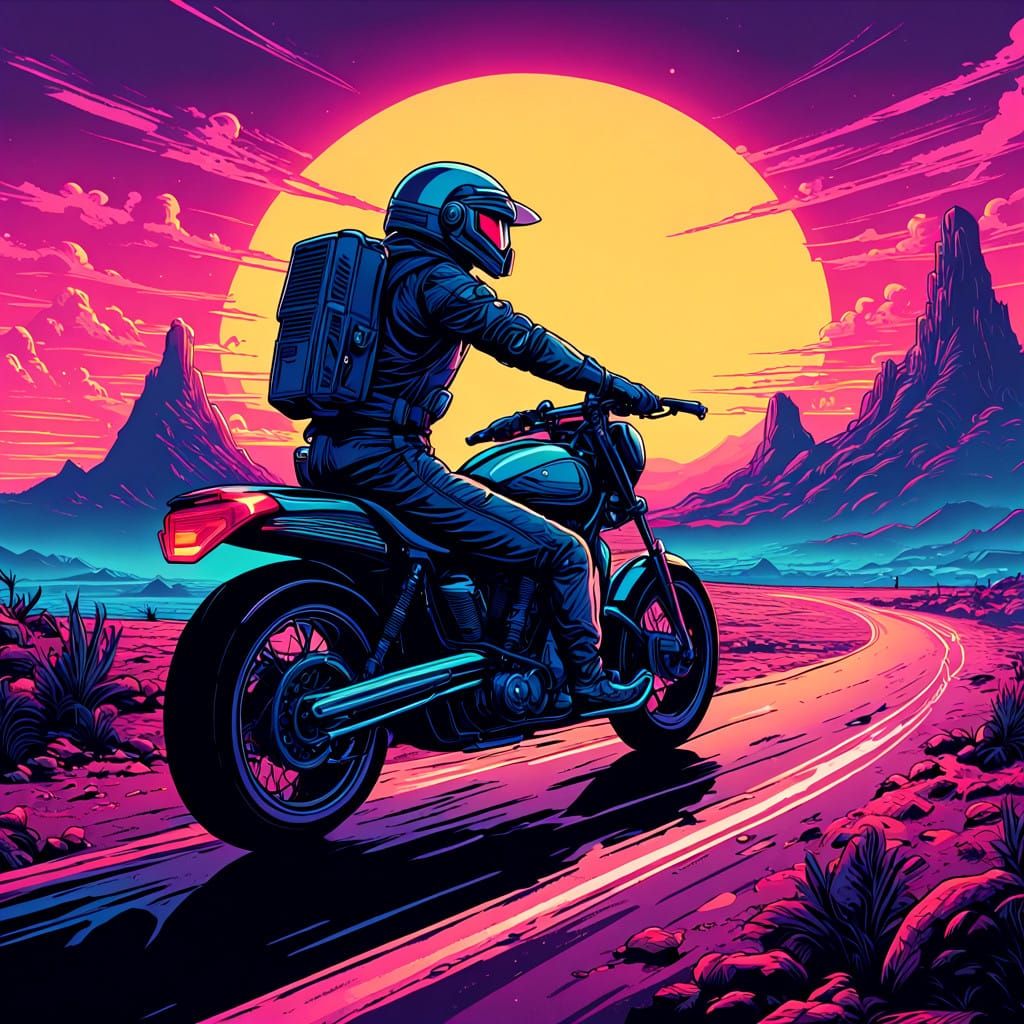 Neon-Lit Biker Mice Ride into Retro-Futuristic Sunset