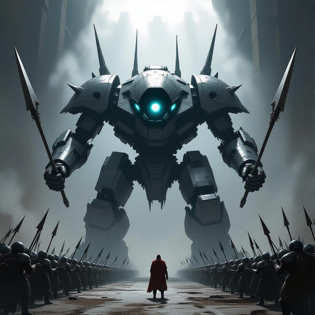 Colossal Mechanical Warrior Battles One-Eyed Horde