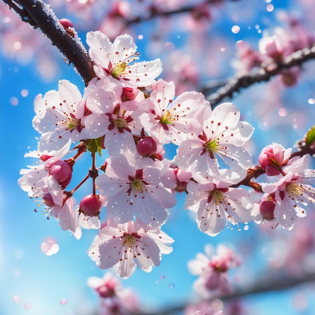 Hyperdetailed Cherry Blossoms with Dew and Blue Sky