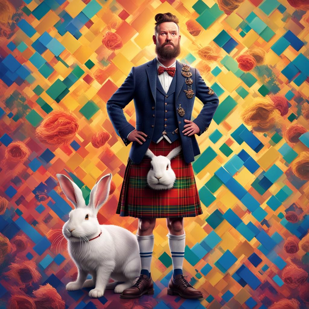 Hyperrealistic Scottish Man in Rabbit Kilt