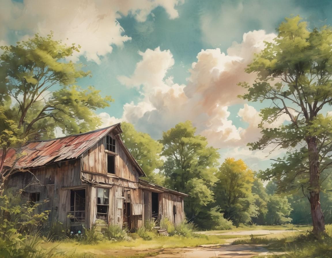 Vintage Barn in Vibrant Punk Watercolor Aesthetic