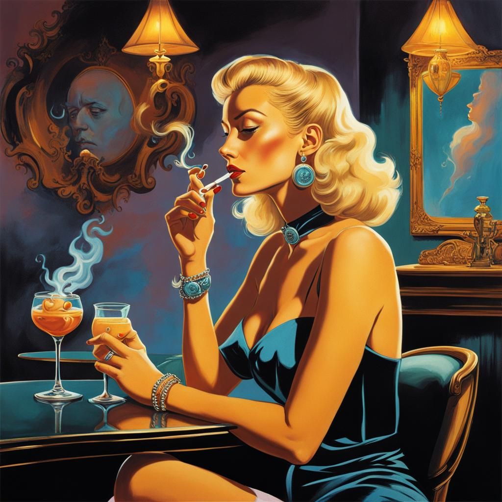 Surreal Girl with Cigarette and Melted Watch, Dali-esque