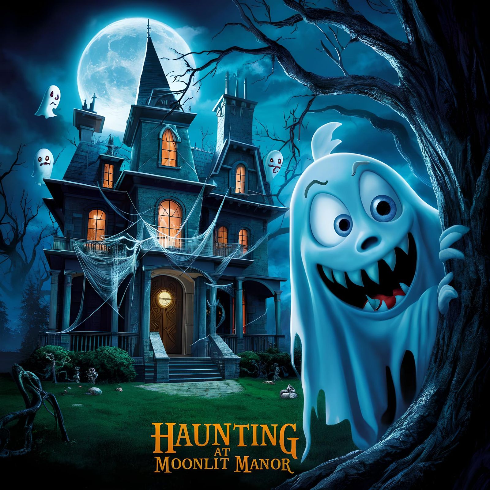 Haunting at Moonlit Manor: Spooky Cartoon Movie Poster