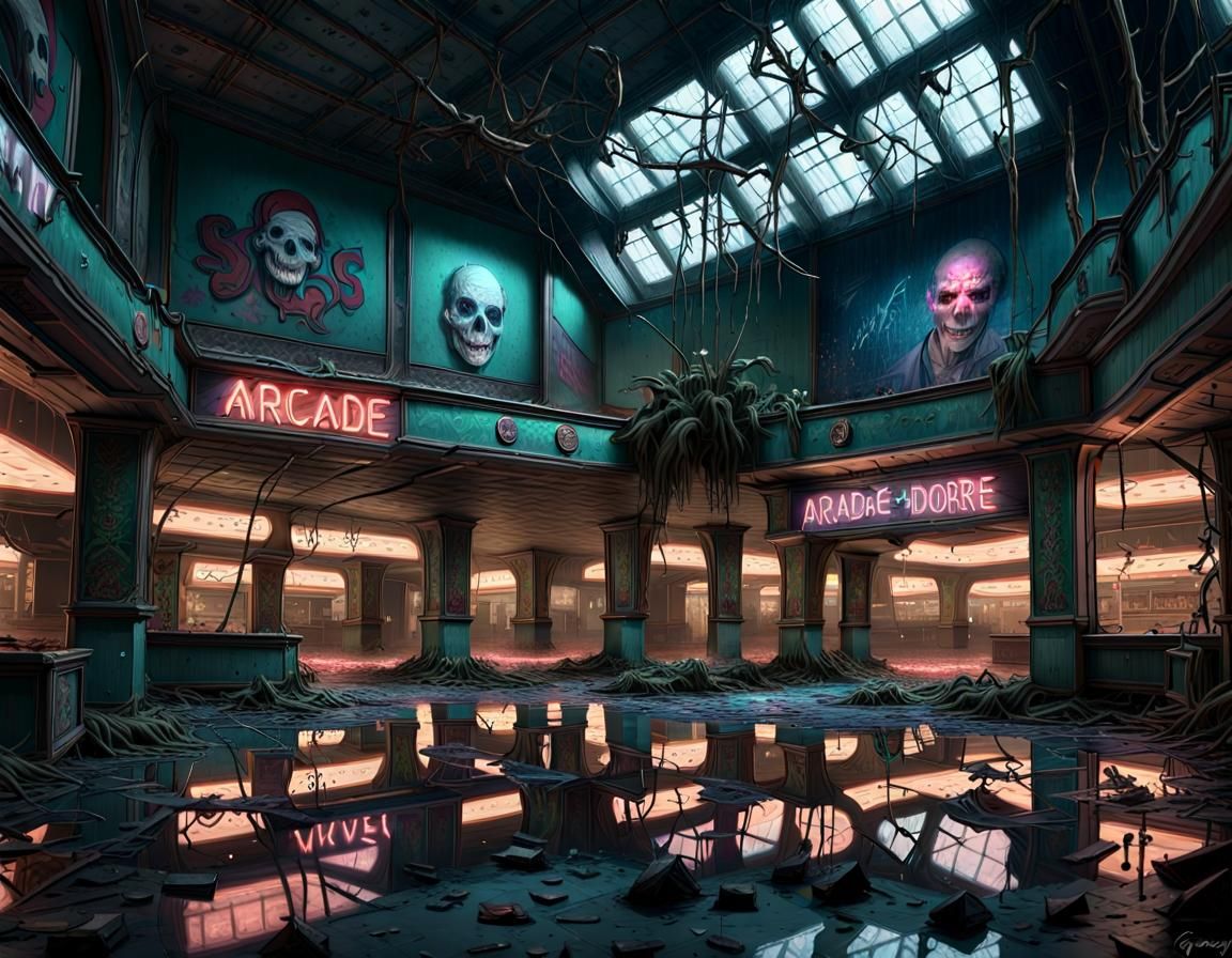 Gloomy Abandoned Mall Arcade in Sinister Horror Style