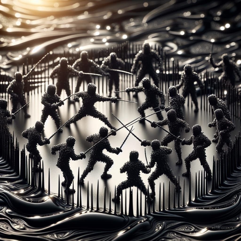 Fencing Duel of Tiny, Glistening Figures on Oil-Stained Surf...