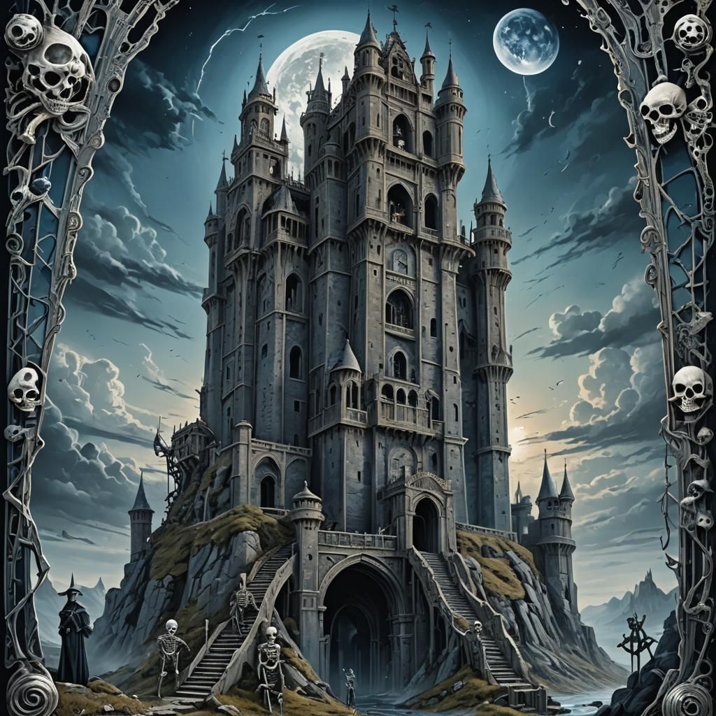 The Tower Tarot Card with Skeletons and Mirror