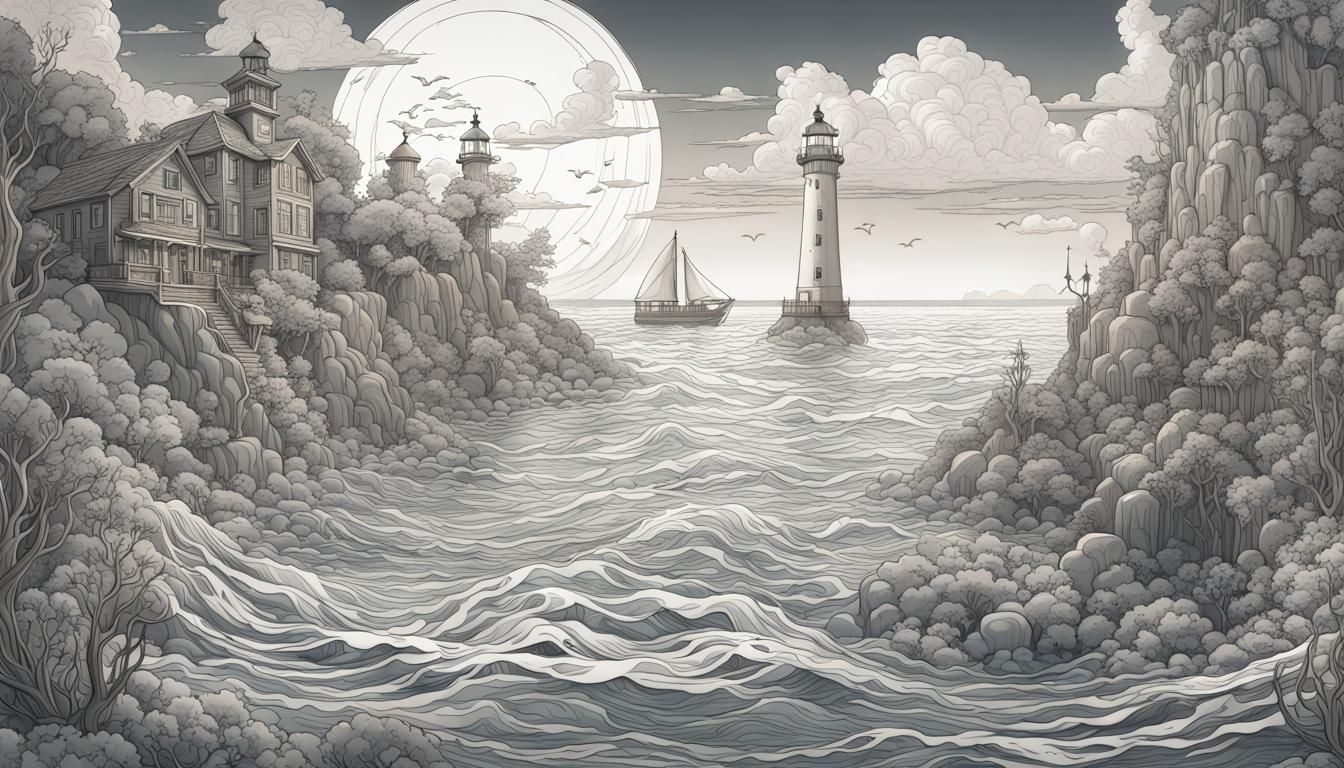 Monochrome Line Art: Mermaids and Lighthouse Seascape