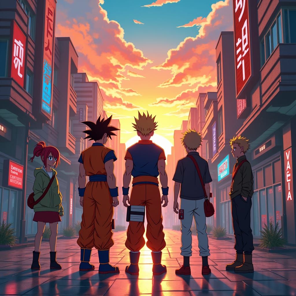 Anime Heroes Unite in Vibrant Cityscape