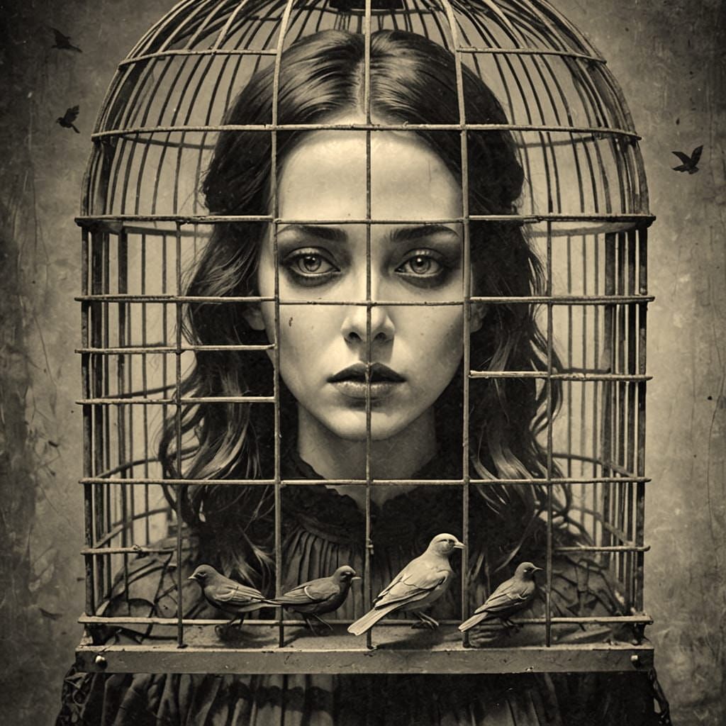 Surreal Macabre Girl Trapped in Birdcage