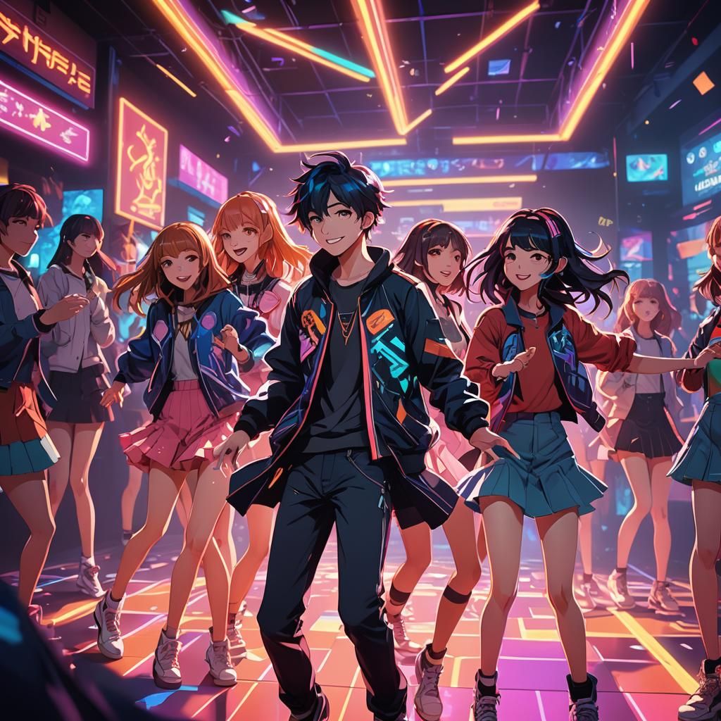Anime Club Scene: Vibrant Teenagers Dancing Under Glowing Ne...
