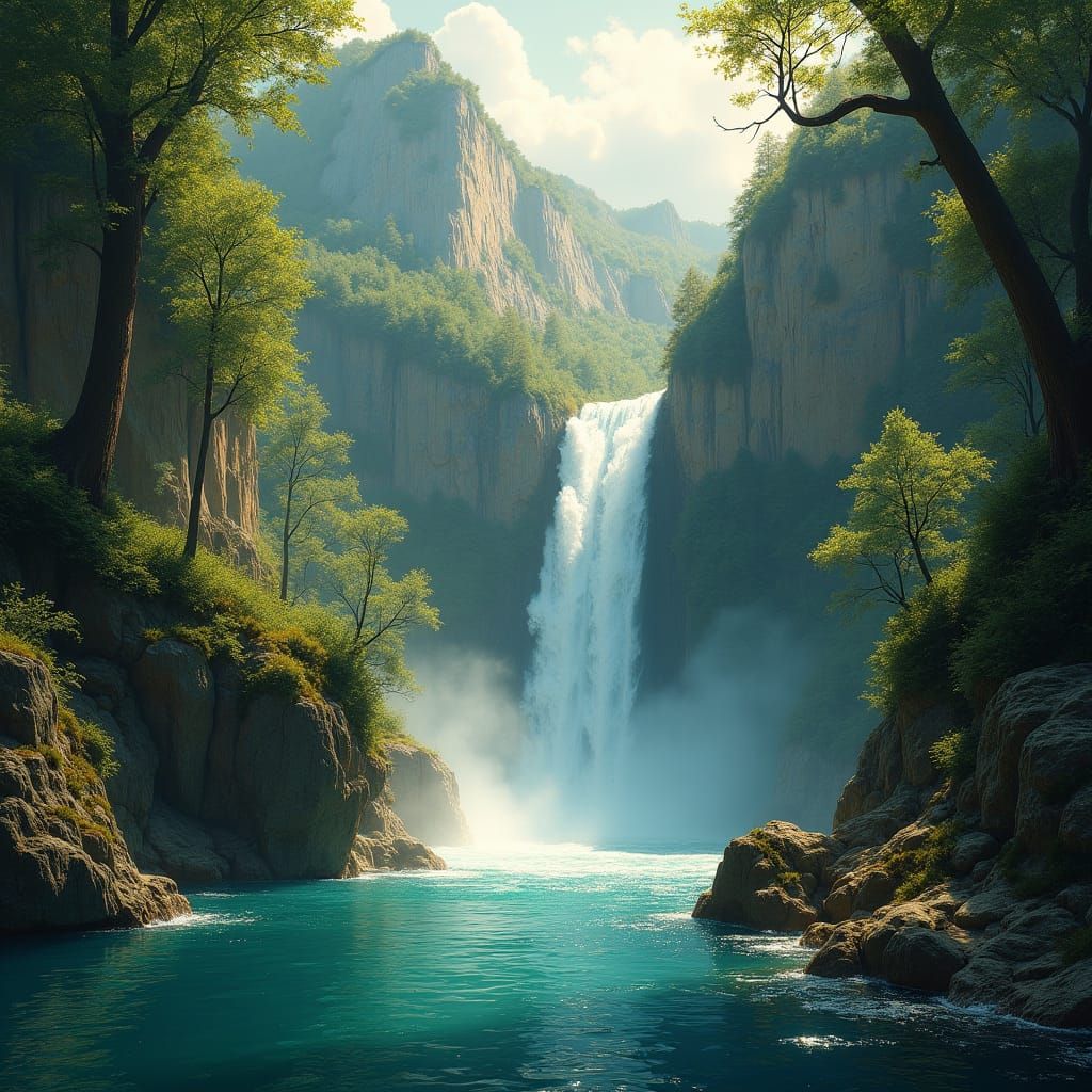 Golden Waterfall Between Emerald Mountains: Romantic Landsca...