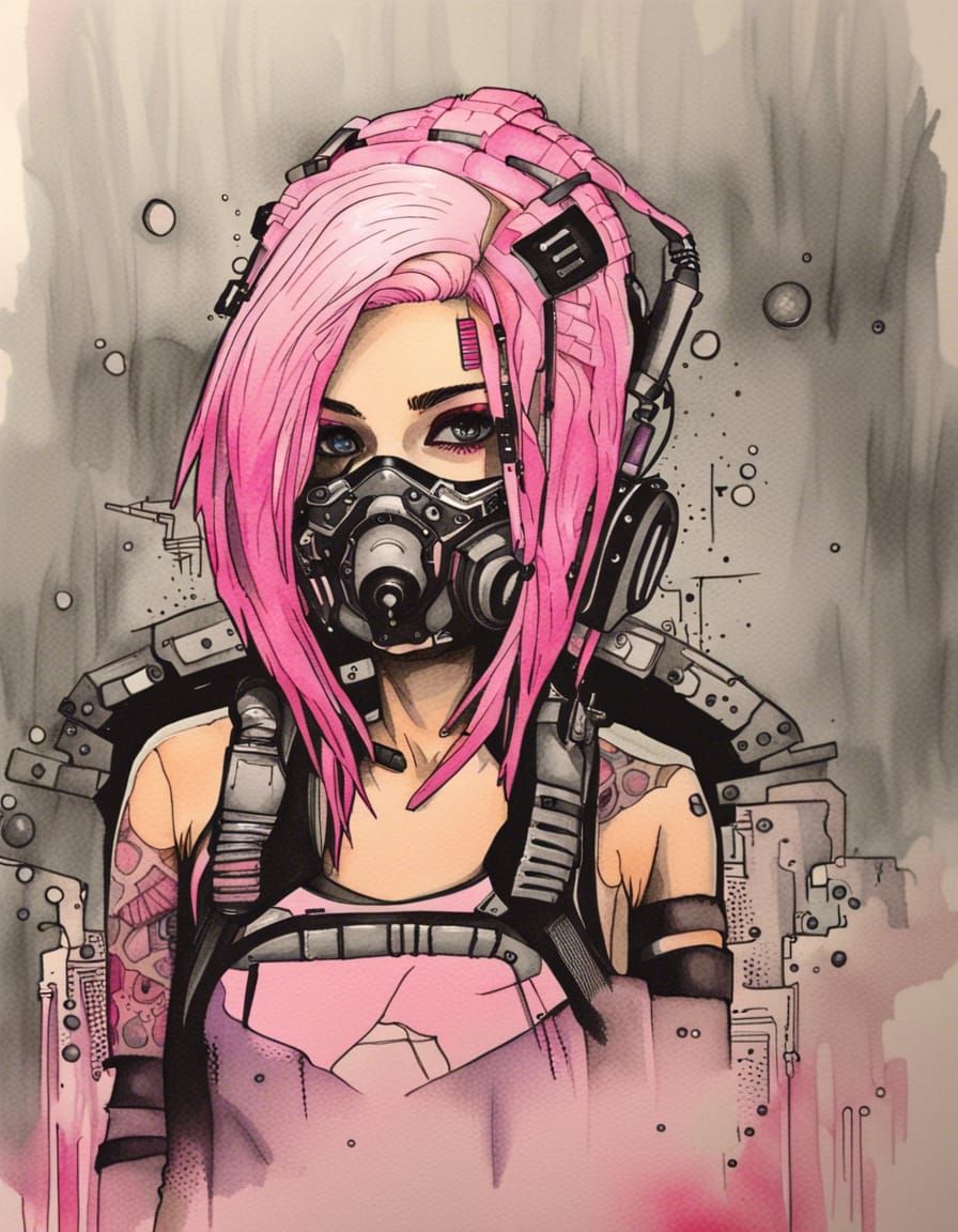Pink-Haired Cyberpunk Girl in Watercolor Style