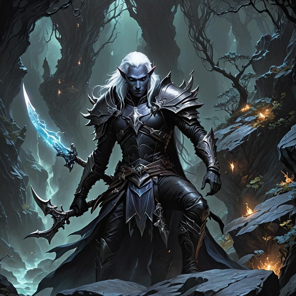 Drow Warrior in Bioluminescent Underdark Scene
