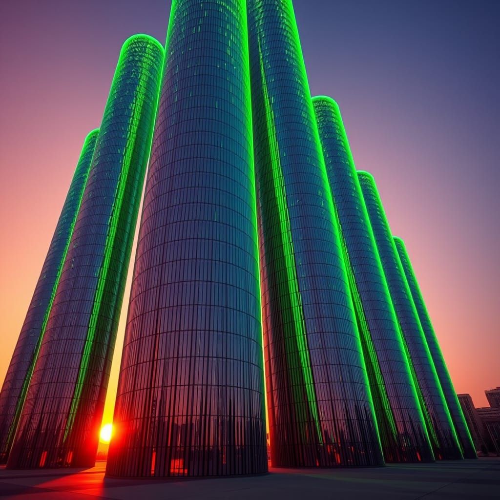 Sleek, Neon-Lit Cylinders Tower Above a Fading Cityscape