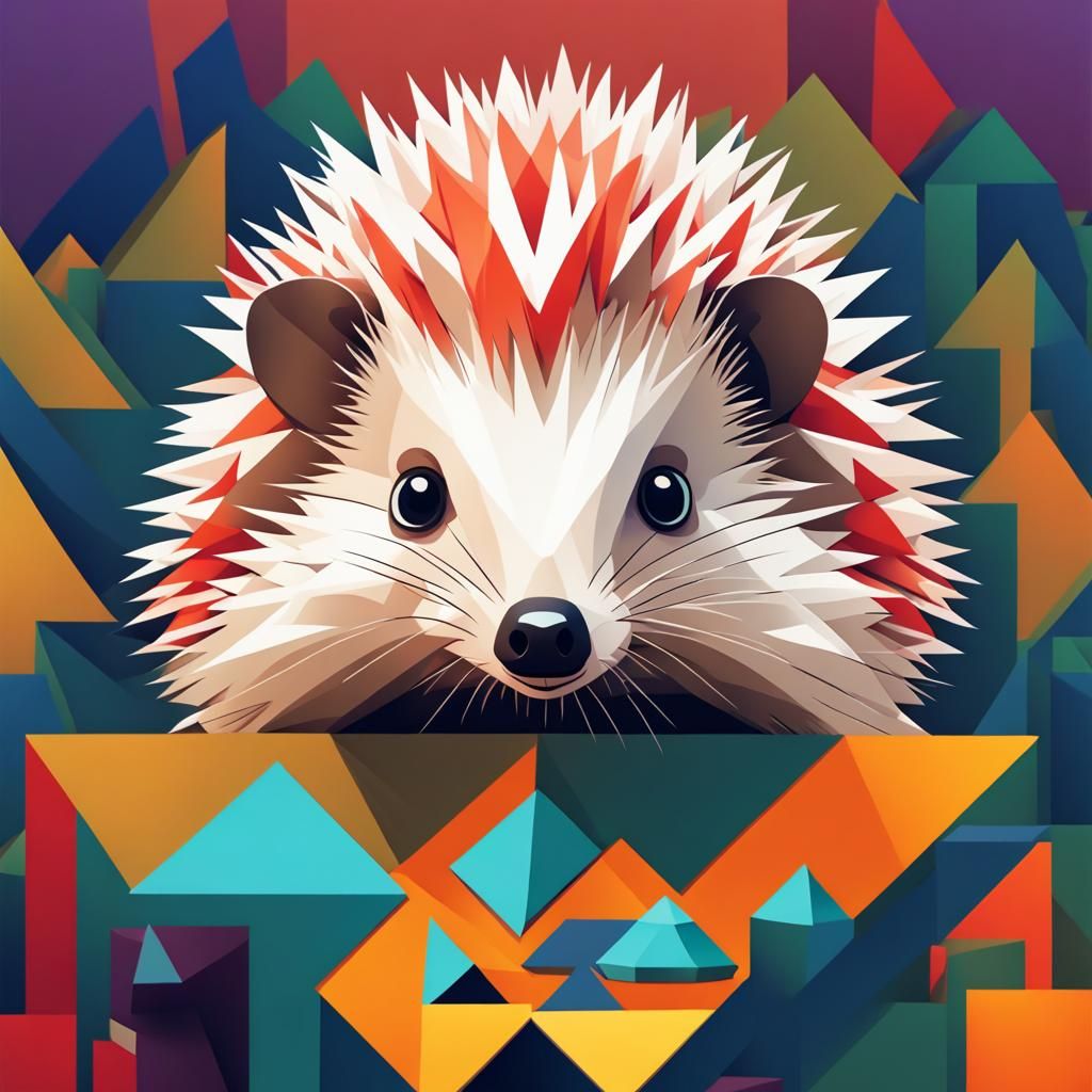 Cute Hedgehog in Garden: Cubist Art Deco Painting