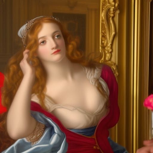 Woman Looks in Mirror: Hyperrealistic Baroque Portrait