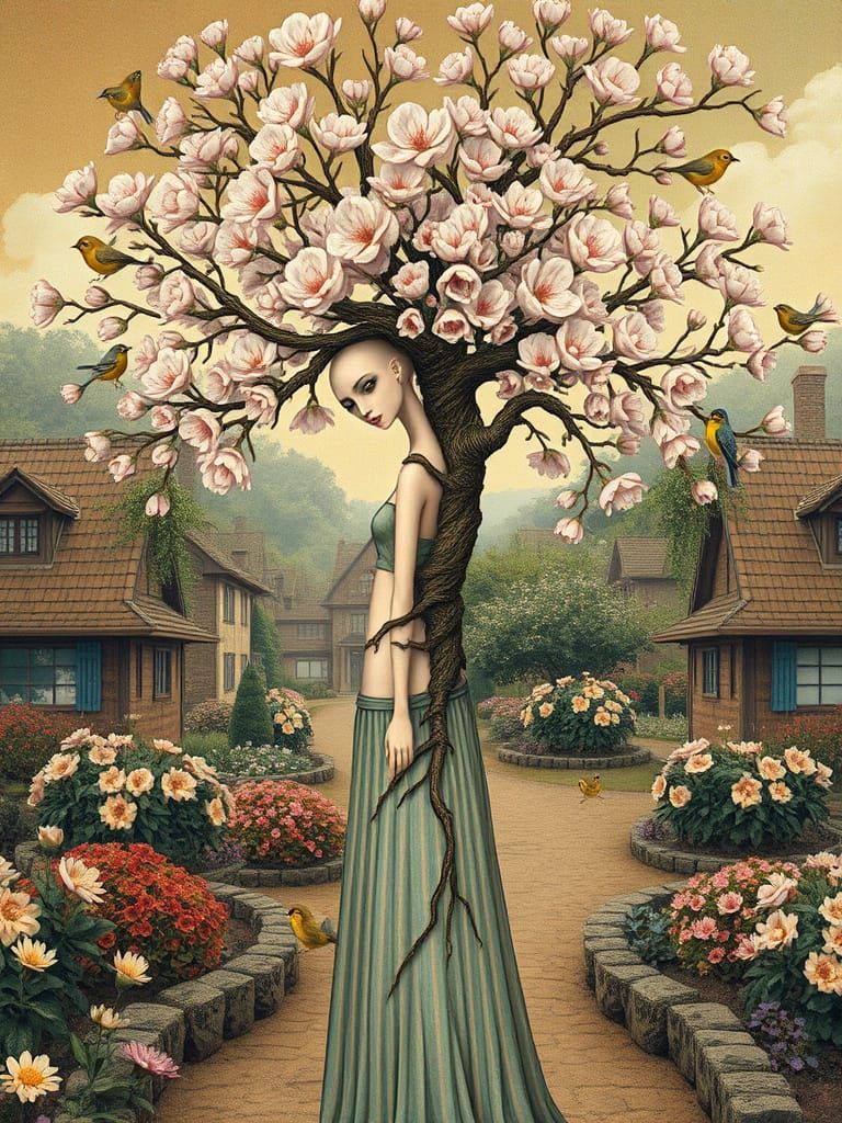Surreal Goddess of Springtime Blooms in Whimsical Village