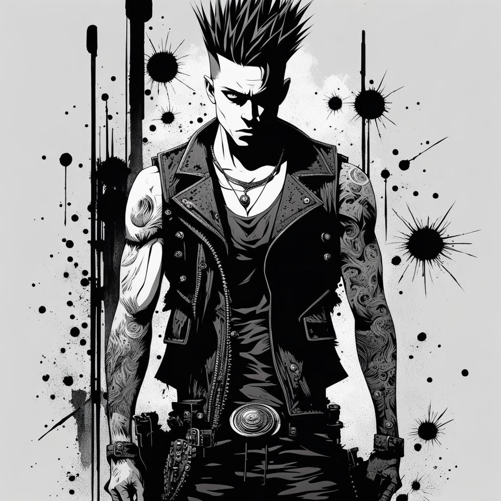 Aggressive Sci-Fi Punk Character in Ink Painting Style