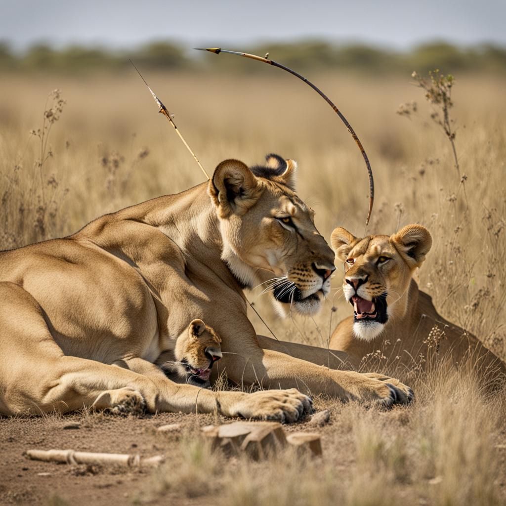 Hunter Aims Arrow at Lioness with Cubs