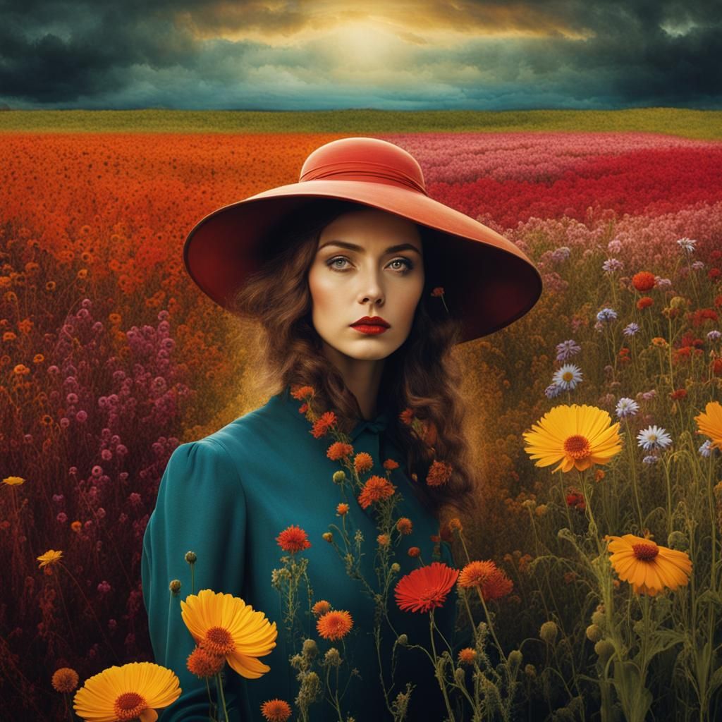 Woman in Flower Field: Surreal Dreamlike Art