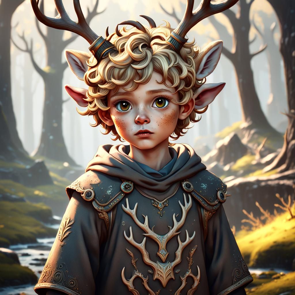 Boy with Deer Antlers in Detailed Fantasy Art