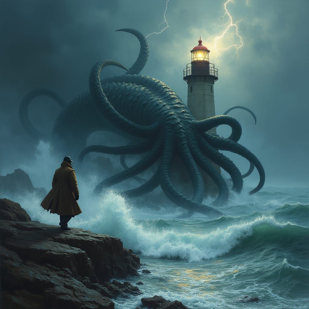 Lighthouse Keeper Battles Kraken in Turbulent Stormy Seas