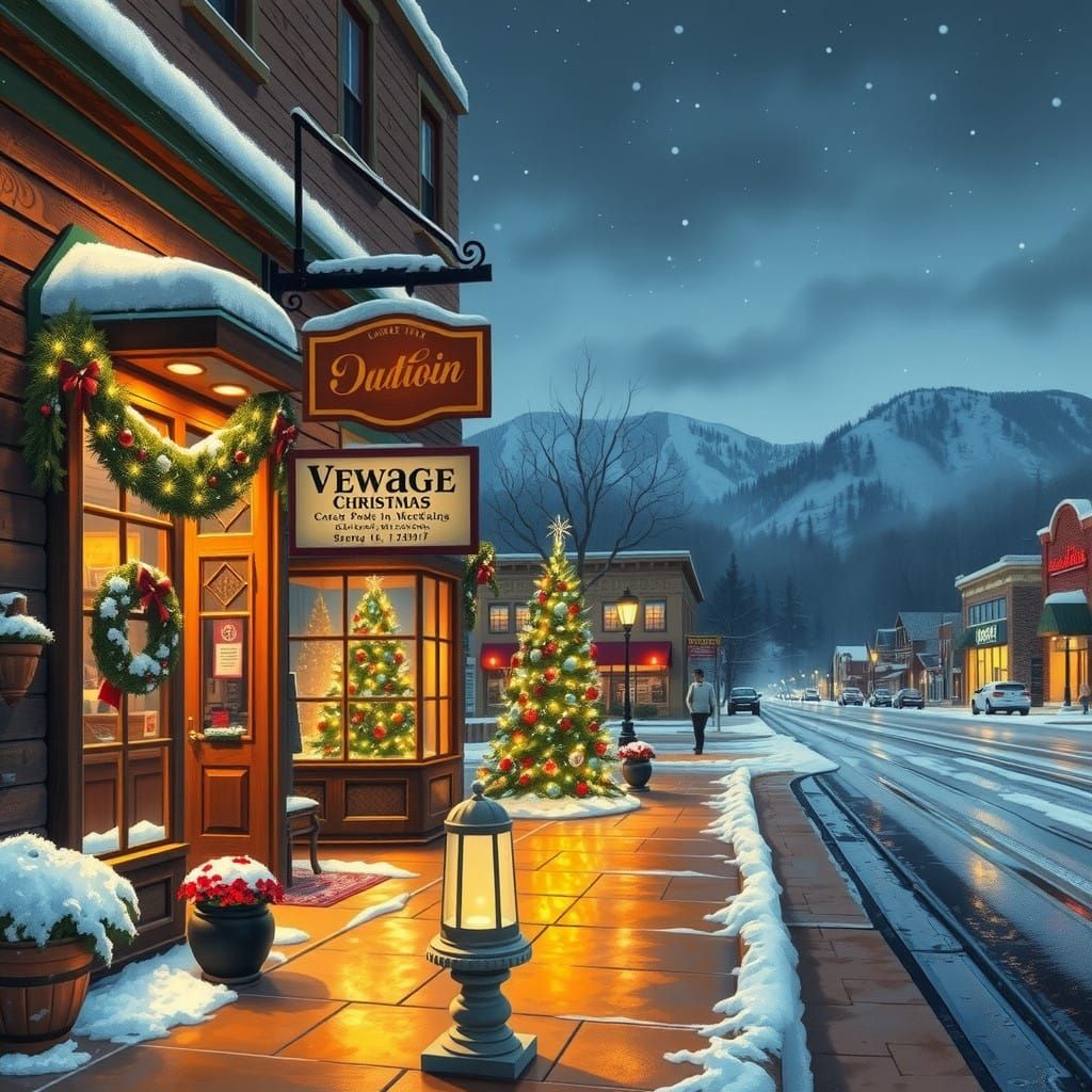 Whimsical Smoky Mountain Christmas Scene in Folk-Art Style