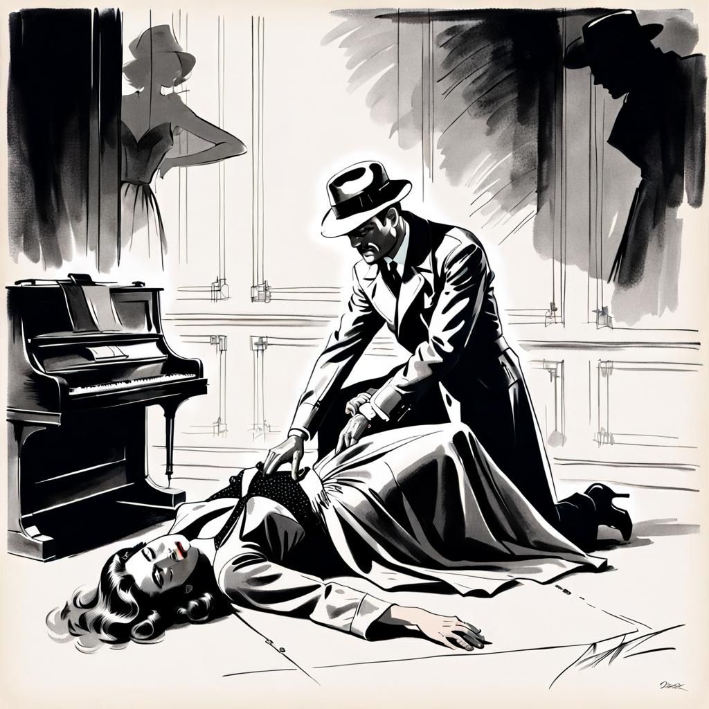 Detective Gazes at Woman: Minimalist Ink Sketch