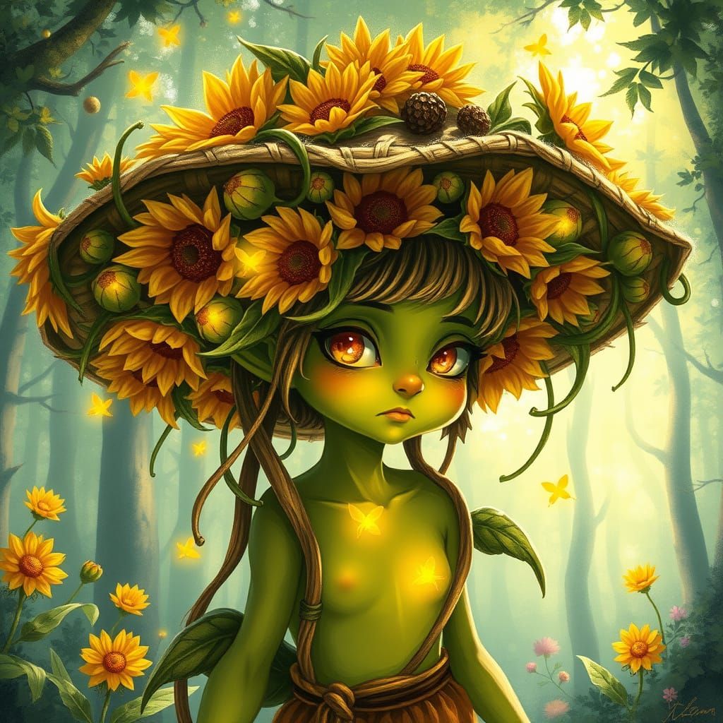 Forest Sprite Wears Sunflower Sun Hat With Fireflies