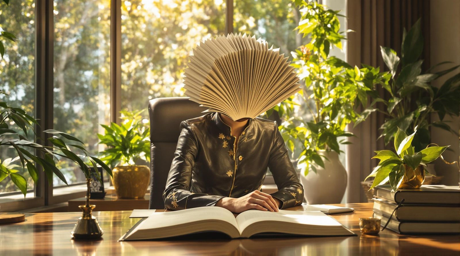 Surreal Portrait of a Woman with a Book Face in a Sunny Offi...