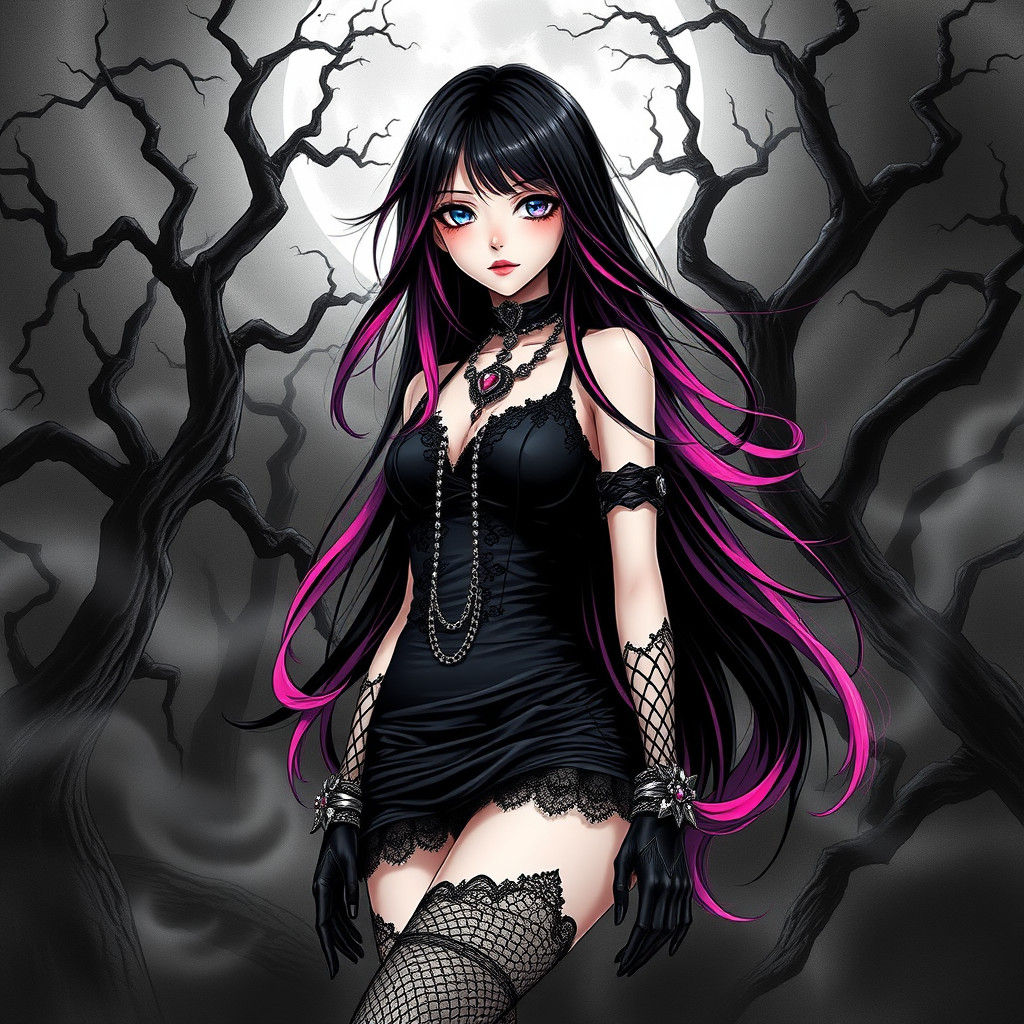 Gothic Anime Girl in Charcoal Drawing Style