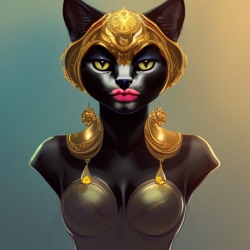 Black Cat with Golden Jewelry, Hyperdetailed Concept Art