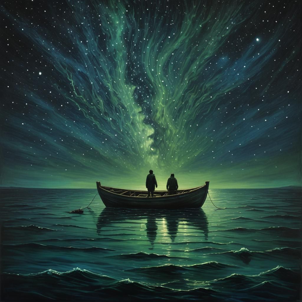 Mystical Figure Adrift in Bioluminescent Dark Sea