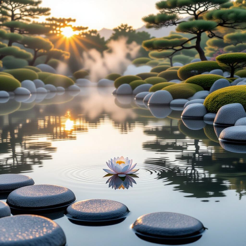Minimalist Japanese Garden at Sunrise with Lotus Flower