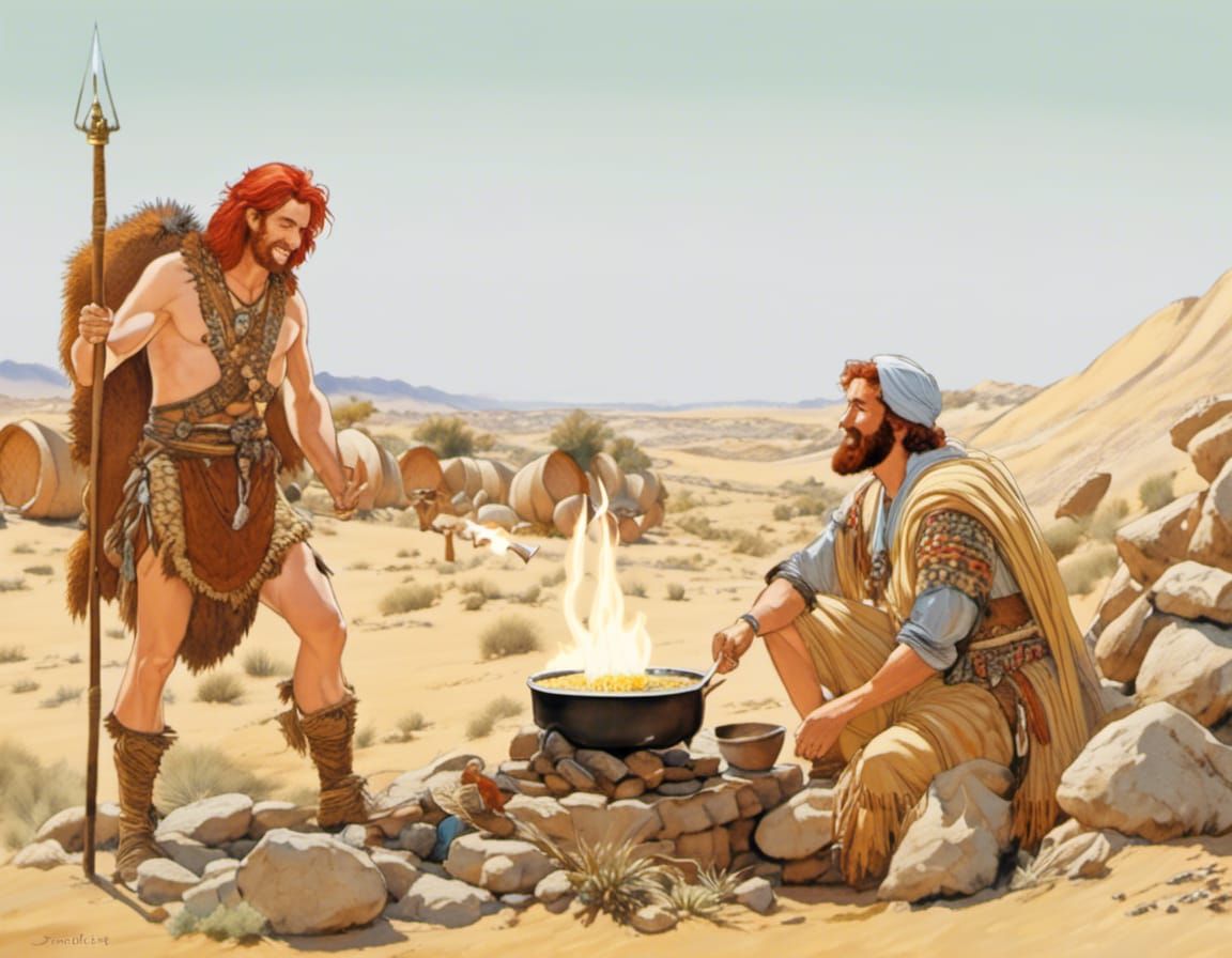 Biblical Scene: Jacob and Esau Around Campfire