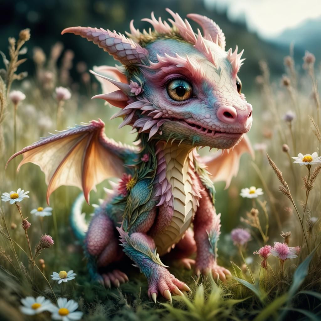 Cute Dragon in Meadow, Hyperdetailed Fluffy Chibi